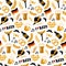 Hand drawn seamless pattern with traditional Beer fest attributes on white background.