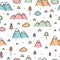 Hand drawn seamless pattern with trees and mountains. Creative scandinavian woodland background. Forest