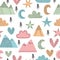 Hand drawn seamless pattern with trees, stars, hearts, clouds and mountains. Creative scandinavian woodland background. Stylish sk