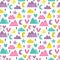 Hand drawn seamless pattern with trees, stars, hearts, clouds and mountains. Cute forest. Creative scandinavian woodland backgroun