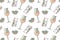 Hand drawn seamless pattern with wine glasses, olives, bottles, and lettering I love wine