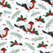 Hand drawn seamless pattern of winter bird bullfinch, berries, leaves, tree branches, snowflakes. Happy New Year and Christmas
