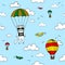 Hand-drawn seamless vector pattern with skydiver cat, air baloon, planes and clouds. Design concept for kids textile print