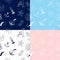 Hand drawn seamless vector pattern. Trendy doodle sea backdrop. Navy, blue, pink and white.