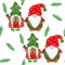 Hand drawn seamless watercolor pattern with Christmas scandinavian gnomes. Red green festive nordic ornament cute hats