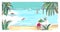 Hand drawn seaside landscape. Tropical resort with deck chair and umbrella, sand beach, exotic palm trees and sail boats