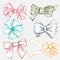 Hand-drawn set of bows to decorate the composition. Engraving art. Tied ribbon for banner and advertising by cros