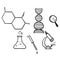 Hand drawn set of Chemistry lab and diagrammatic icons showing assorted experiments, glassware and molecules isolated on white for