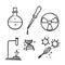 Hand drawn set of Chemistry lab and diagrammatic icons showing assorted experiments, glassware and molecules isolated on white for