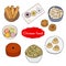 Hand drawn set of Chinese cuisine with noodle, mapo tofu, niangao, dumplings, tangyuan, hee pan, youtiao, mooncake. Design element