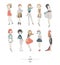 Hand drawn set with cute fashion girls in dresses, with different hair color and hairstyle, in evening and day apparel. Isolated