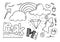 Hand drawn set elements, black on white background. rainbow, arrow, king, emphasis, cloud, diamond, swirl, fish, strawberry, and