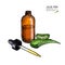 Hand drawn set of essential oils. Vector aloe vera. Medicinal herb with glass dropper bottle. Engraved colored art. Good