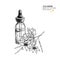Hand drawn set of essential oils. Vector celandine flower. Medicinal herb with glass dropper bottle. Engraved art. Good