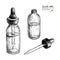 Hand drawn set of essential oils. Vector vintage mock up. Medicinal essence in glass dropper bottle. Engraved art. Good