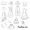 Hand drawn set of fashion women`s clothing and accessories