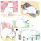 Hand drawn set of funny lazy white cats