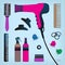 Hand drawn set of hair styling. Hair dryer, hairbrushes, sprays and scrunchy. Salon beauty care. Black line colored