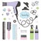Hand drawn set of hair styling. Hair dryer, hairbrushes, sprays and scrunchy. Salon beauty care. Soft colored sketch on