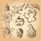 Hand drawn set of halloween attributes, brown sketch on beige background