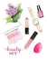 Hand drawn set with lipstick, eye shadows, lip gloss, nail polish, watch and lilac. Beautiful set with cosmetics for Makeup.