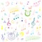 Hand Drawn Set of Music Symbols. Colorful Doodle Treble Clef, Bass Clef, Notes and Lyre. Sketch Style