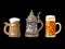 Hand drawn set of old beer mugs. Wooden mug, German stein mug, dimpled Oktoberfest glass mug. Vector illustration