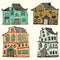 Hand drawn set of sketched typical country houses on white background. Cartoon houses. Front view. Collorful illus