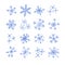 Hand drawn set of snowflakes. Blue and white background. Abstract doodle drawing snow. Vector art illustration