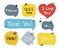 Hand drawn set of speech bubbles with handwritten short phrases hey, thank you, hello, ok, i love you, quiz time, follow us, did