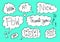 Hand drawn set of speech bubbles with handwritten short phrases  wow,nice,hello,pow,thank you,ok,hi on blue background