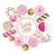 Hand drawn set of sweet candies. Twisted caramel lollipops, candy cane, macarons, donut. Vector food label template. Use