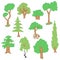 Hand Drawn Set of Trees. Doodle Drawings of Green Fir, Cypress, Birch, Oak in Flat Style