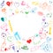 Hand Drawn Set of Valentines Day Symbols. Children`s Funny Doodle Drawings of Colorful Hearts, Gifts, Rings, Balloons and Candle