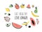 Hand drawn set of vegetables, fruits and eco friendly words. Vector artistic doodle drawing food and Vegan quote. Vegetarian