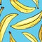 Hand drawn set of yellow Bananas seamless pattern. Tropical fruit isolated on white background. Food botanical watercolor illustra