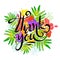 Hand drawn sign Thank you on bright tropic flowers background in grunge watercolor style