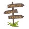 Hand drawn signpost sign. Various travel signs - camping, lake and trails. Vector illustration