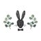 Hand drawn silhouette portrait of gentleman Rabbit head with a bow tie. Eucalyptus branches background. Easter concept