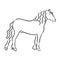 Hand-drawn silhouette of a prancing heavy - harnessed white horse on a white background, heavy horse, vector sketch illustration