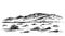 Hand-drawn simple vector sketchy drawing in black outline. Panoramic mountain landscape, hilly, rocky, desert arid area. Geology.