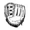 Hand drawn sketch of baseball glove in black isolated on white background. Detailed vintage style drawing, for posters