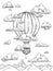 Hand drawn sketch black and white coloring page of vintage air balloon, clouds, sky, mountains. Vector illustration