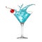 Hand drawn sketch of blue lagoon cocktail with splashes, colorful isolated on white background.
