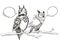 Hand drawn sketch cute cartoon owl sitting on branch and talk. Vector illustration on white background. Misunderstanding