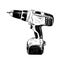 Hand drawn sketch of electric drill tool in black isolated on white background. Detailed vintage etching style drawing.
