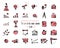 Hand-drawn sketch finance web icon set - economy, money, payments. Isolated black and red on white background
