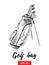 Hand drawn sketch of golf bag in black isolated on white background. Detailed vintage etching style drawing.