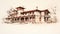 Hand-drawn Sketch Of Historic Italian Mansion With Motion Blur Panorama