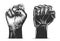 Hand drawn sketch of human and robot fist gesture in monochrome isolated on white background. Detailed vintage woodcut drawing